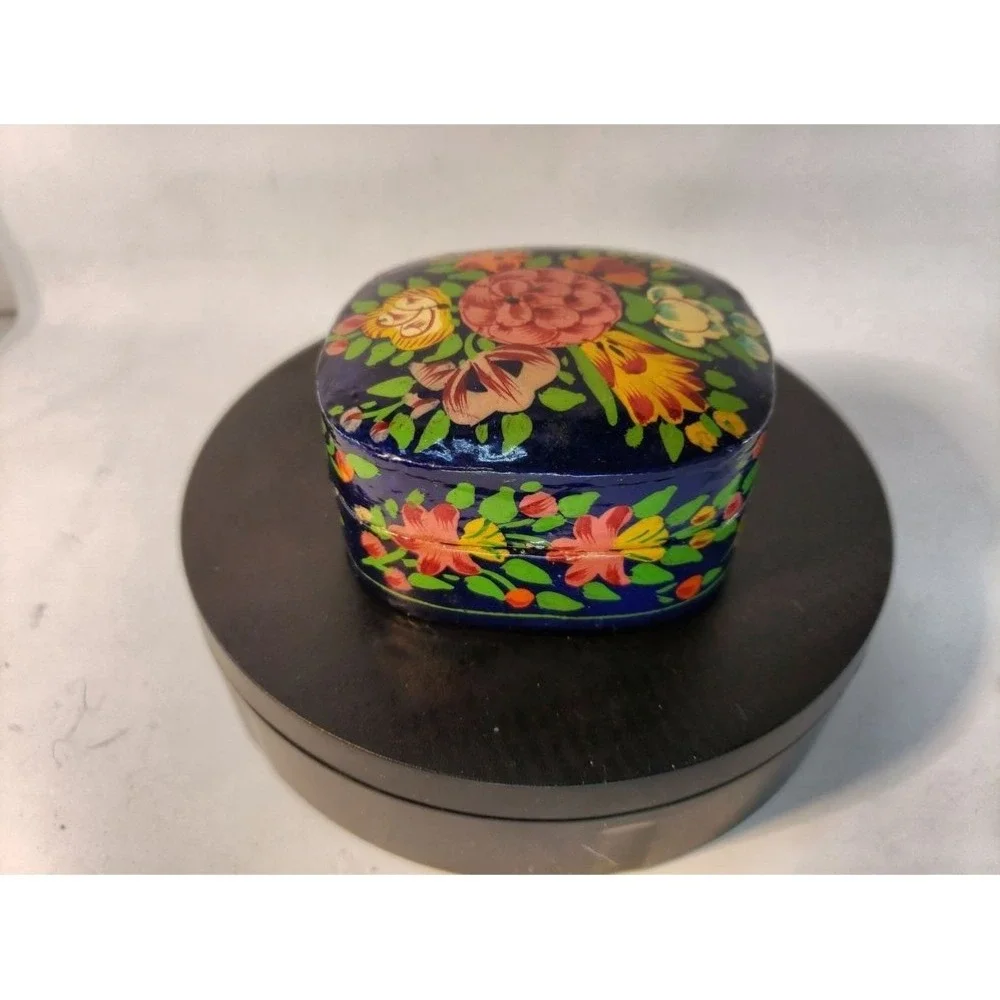 Handcrafted Kashmiri Floral Design Trinket Box Small Blue - Picture 4 of 11